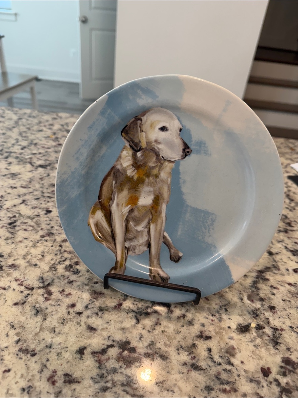Anthropologie Painted Dog Plate in Blue and White